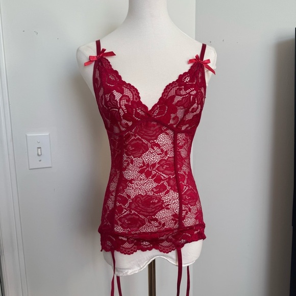 Red Lace Lingerie Top with Bows and lace up back M whimsygoth coquette - Picture 3 of 4